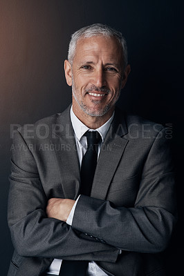 Buy stock photo Portrait, smile and businessman with confidence, lawyer or attorney on dark background in studio. Proud boss, ceo and professional business owner, happy senior director at law firm with arms crossed.