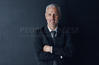 Buy stock photo Arms crossed, smile and face of business man in studio for professional, corporate or manager. Boss, pride and confidence with senior male ceo on black background for executive and mockup space