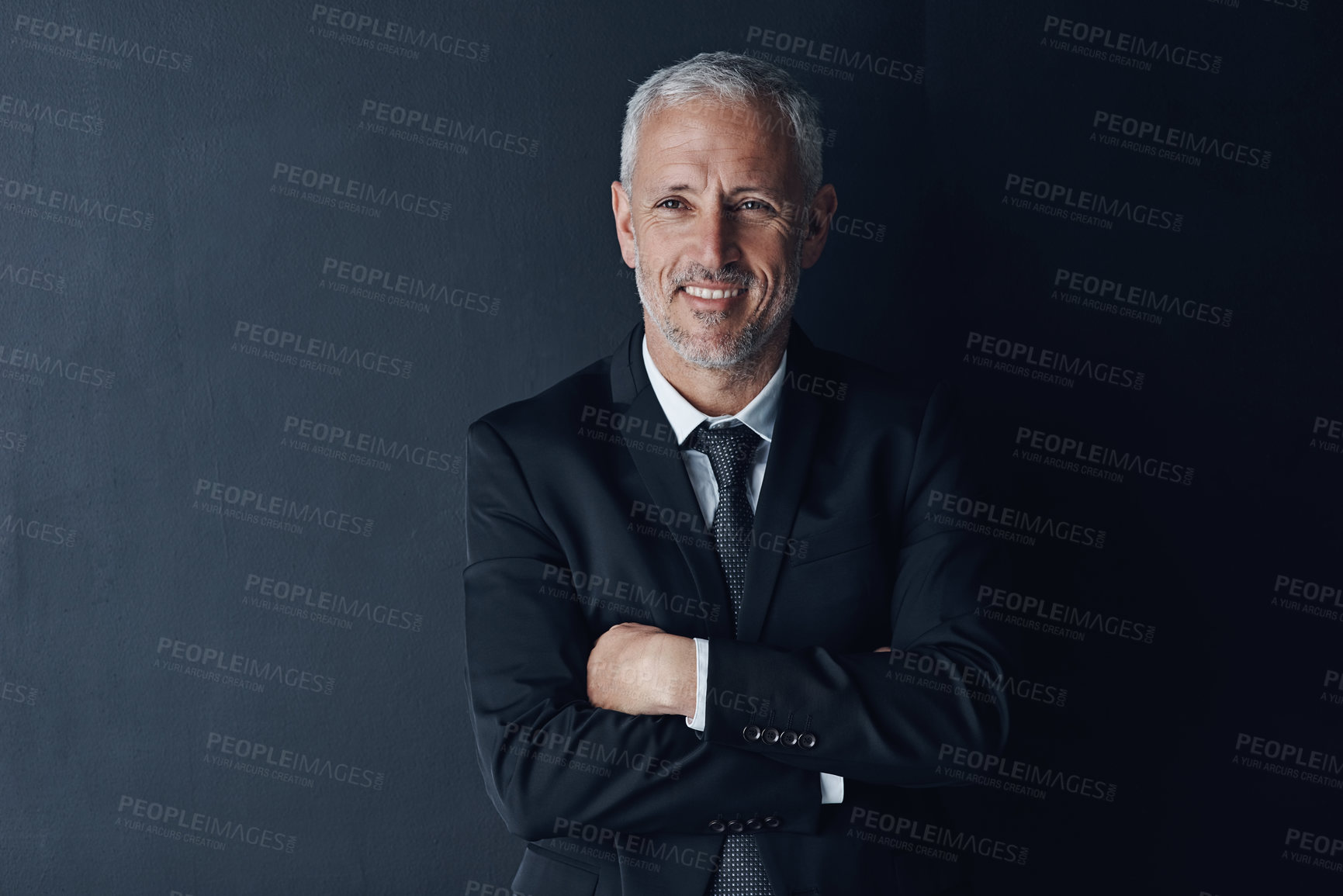 Buy stock photo Arms crossed, smile and face of business man in studio for professional, corporate or manager. Boss, pride and confidence with senior male ceo on black background for executive and mockup space