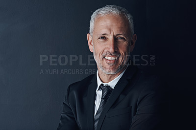 Buy stock photo Senior, happy and portrait of business man in studio for professional, corporate or manager. Boss, pride and confidence with face of male ceo on black background for executive and mockup space