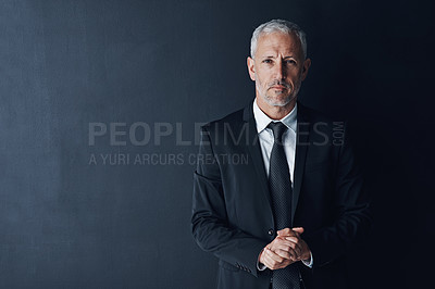 Buy stock photo Serious, senior and portrait of business man in studio for financial advisor, career or manager. Boss, pride and accountant with face of male ceo on black background for executive and mockup space