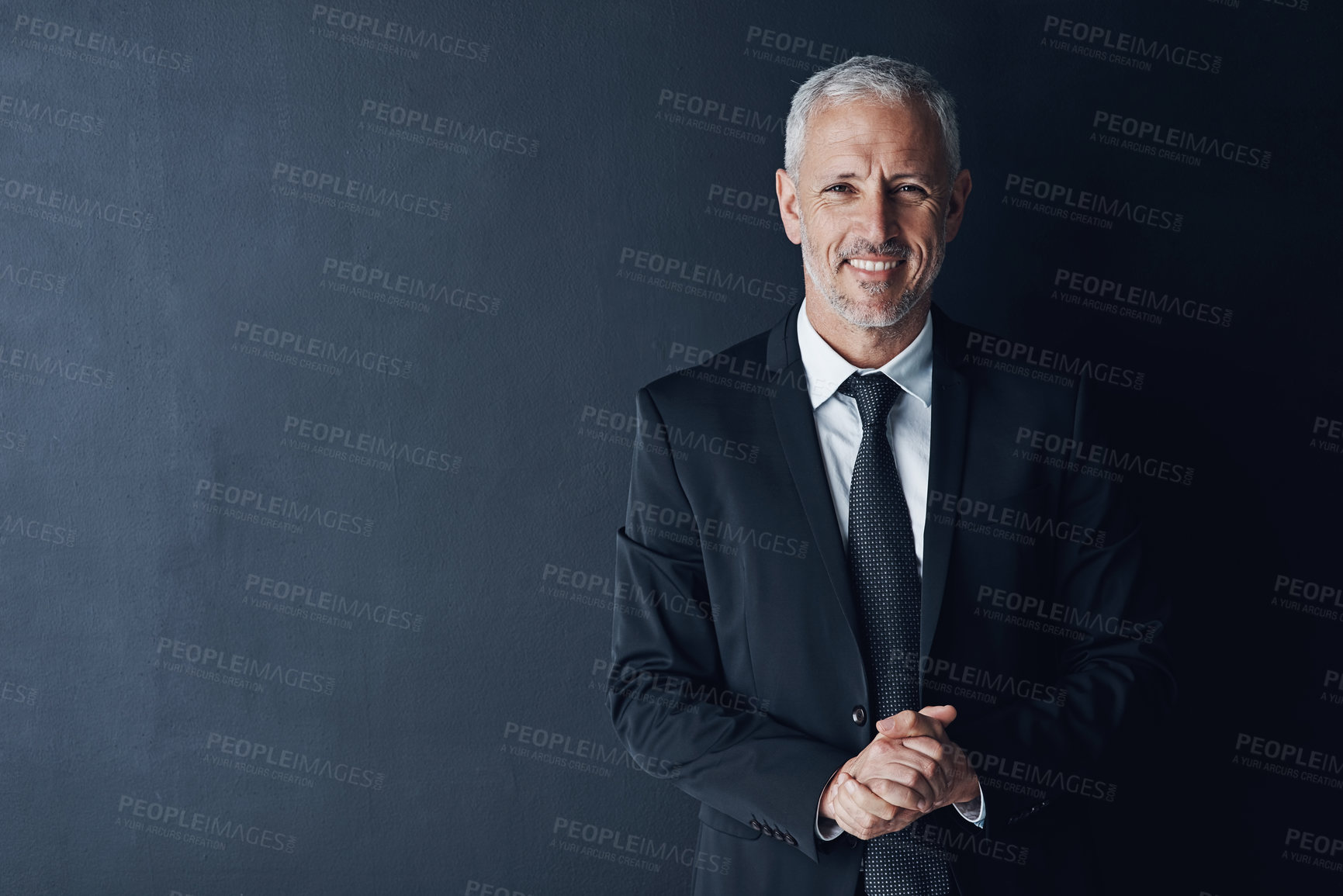 Buy stock photo Happy, confident and portrait of man, studio and opportunity for investment, smile and business. Black background, trader and ambitious for project, mockup space and pride of mature person in USA