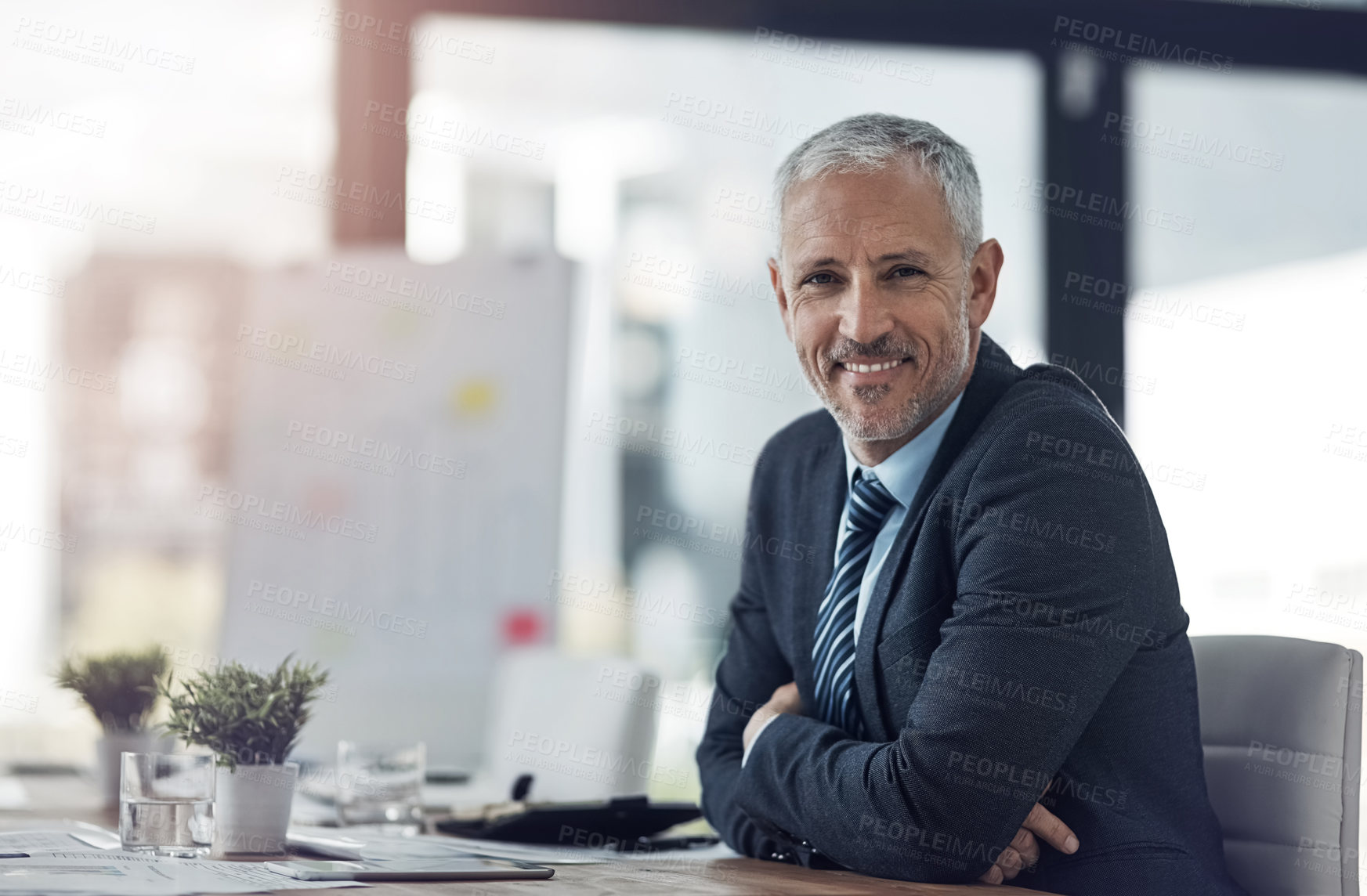 Buy stock photo Happy, crossed arms and portrait of businessman in office with confidence for stakeholders revenue. Smile, professional and mature male financial executive from New York with pride for investment.