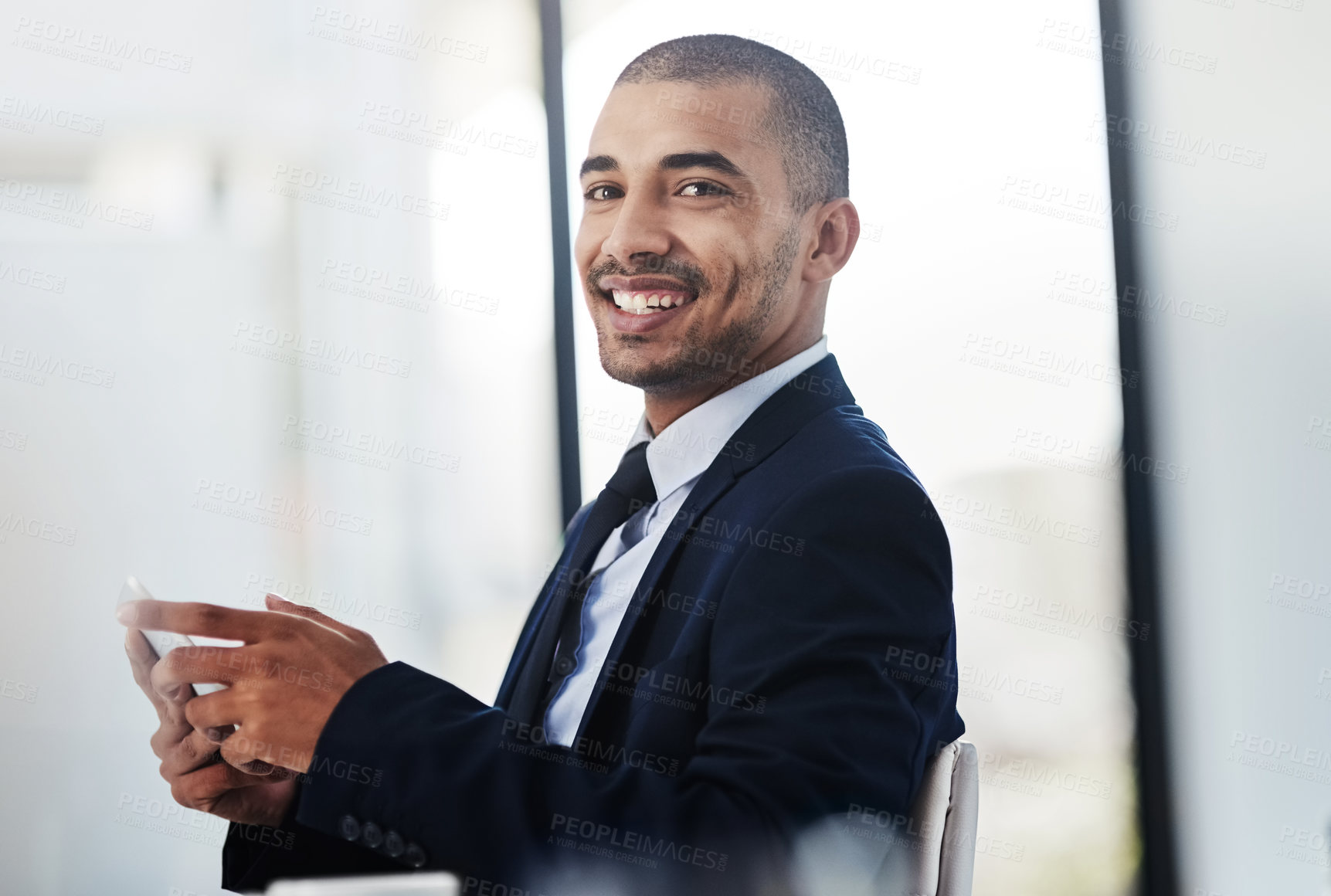 Buy stock photo Happy, tablet and portrait of business man in office for research project, website and internet news. Professional, corporate and person on digital tech for planning, online and proposal report