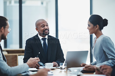 Buy stock photo Discussion, collaboration and business people in a meeting in the office boardroom for a project. Teamwork, partnership and group of professional employees working on corporate research in workplace.