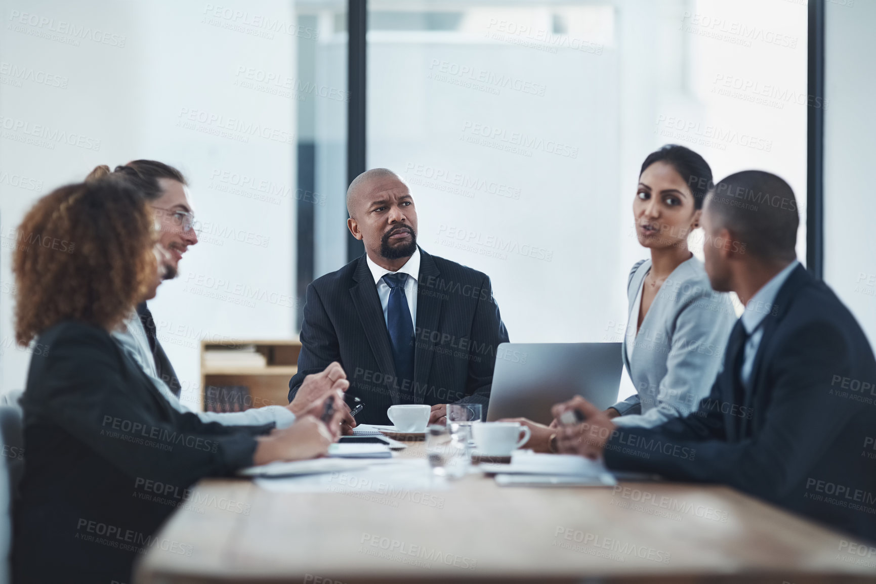 Buy stock photo Corporate, meeting and business people in office for discussion, brainstorming ideas and planning. Laptop, professional team and workers in boardroom for feedback, project review and collaboration