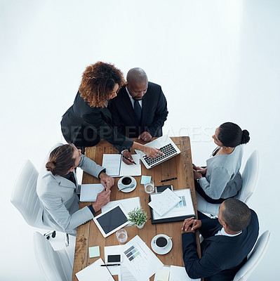 Buy stock photo Business people, meeting and online with tech and public relations with teamwork in office. Above, employee internet with paperwork, staff and discussion with laptop and website feedback and review