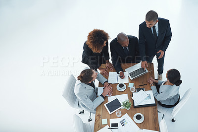 Buy stock photo Laptop, documents and above of business people in office for meeting, discussion and planning. Corporate, professional and workers on computer for online research, financial review and collaboration