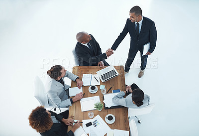 Buy stock photo Handshake, welcome and business people meeting, b2b onboarding and thank you, success or financial deal. Corporate man, clients or manager shaking hands for finance introduction and recruitment above