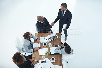 Buy stock photo Shaking hands, welcome and business people meeting, b2b onboarding and thank you, success or financial deal. Corporate man, clients or manager handshake for finance introduction and recruitment above