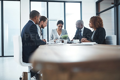 Buy stock photo Team, manager and group in a meeting, planning or talking with new project, support or collaboration. Business people, staff or coworkers with ideas, deadline or goals with partnership or negotiation