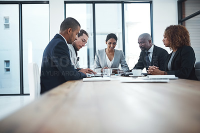 Buy stock photo Business people, staff and group in a meeting, brainstorming and planning with negotiation, collaboration and feedback. Men, women and teamwork with partnership, goals and growth with support or idea