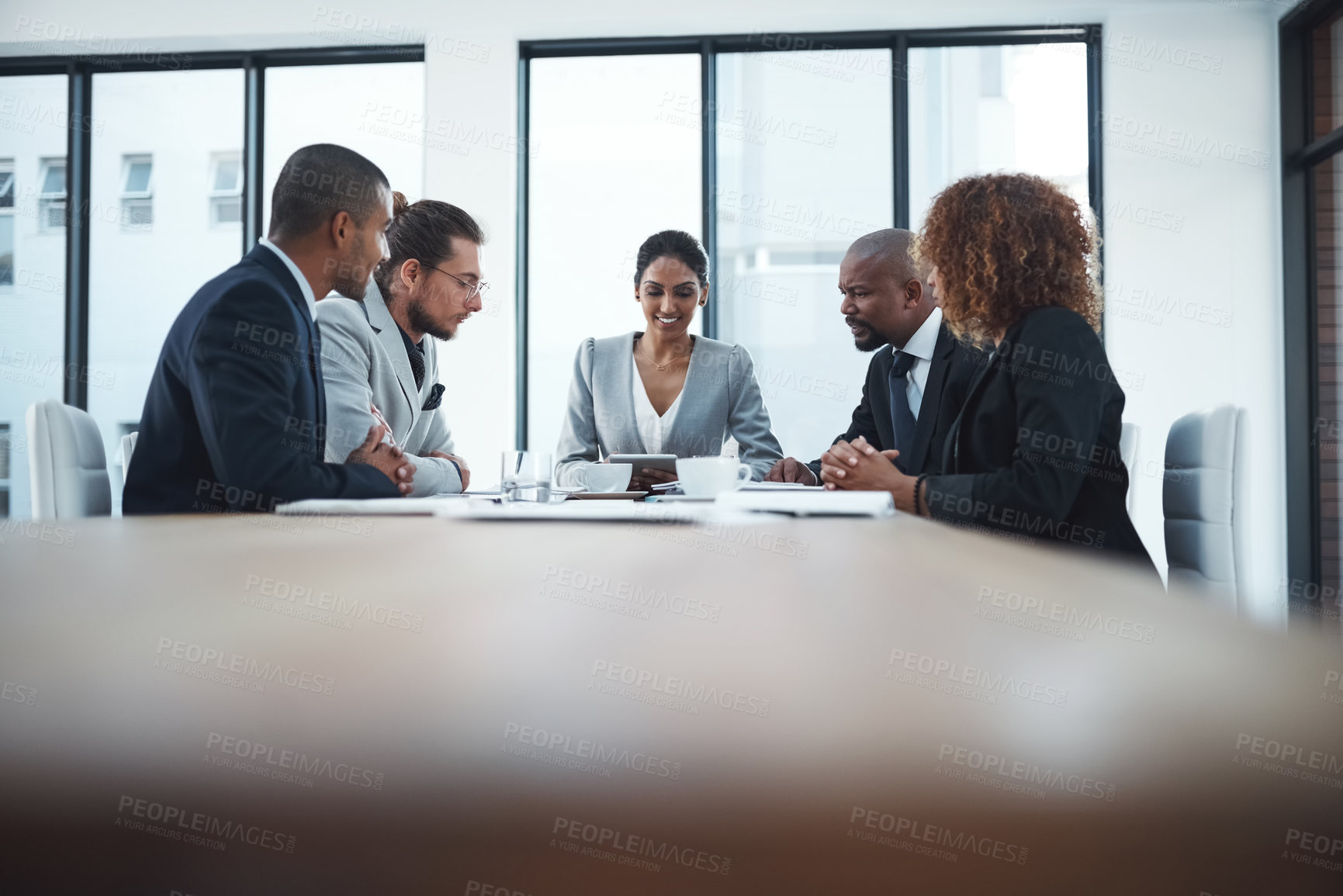 Buy stock photo Business people, leader and group in a meeting, discussion and budget with a project, financial report and goals. Teamwork, accounting or staff with online investment, review stock market or planning