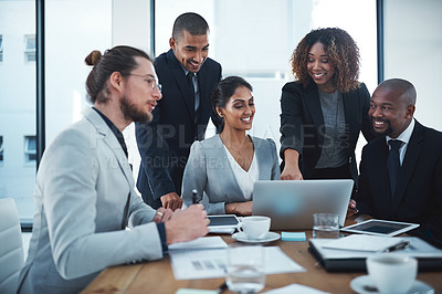 Buy stock photo Business people, staff and leader in a meeting, laptop and discussion with collaboration, corporate project and planning. Team, group and manager with coworkers, pc and professional with partnership