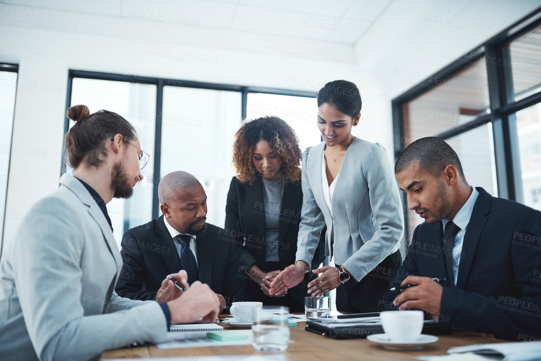 Buy stock photo Brainstorming, group and smile in meeting, boardroom and documents of financial report, team and planning. Office, discussion and corporate people with communication, colleagues and insurance company