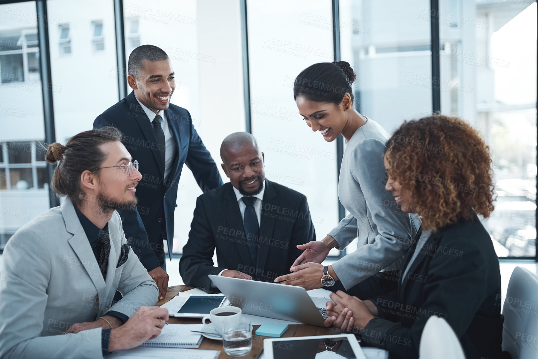 Buy stock photo Meeting, planning and happy business people with laptop for brainstorming idea, strategy and collaboration. Corporate office, teamwork and men and women working on report, group project or discussion