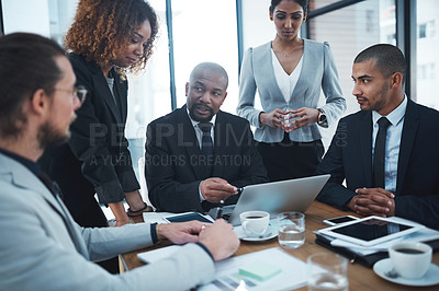 Buy stock photo Meeting, planning and business people with laptop in office for brainstorming idea, strategy and collaboration. Corporate, teamwork and men and women working on report, group project and proposal