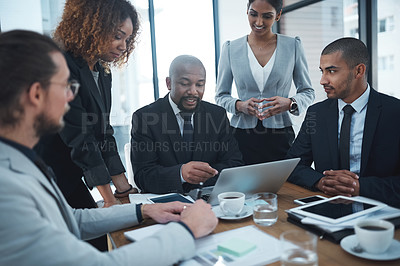Buy stock photo Business people in meeting with laptop for planning, collaboration and ideas for marketing strategy. Corporate office, teamwork and men and women working on report, project and proposal on computer