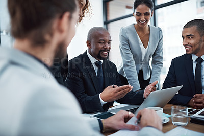 Buy stock photo Business, meeting and men and women with laptop in office for planning, strategy and collaboration. Corporate, teamwork and people in discussion working on finance report, group project and proposal