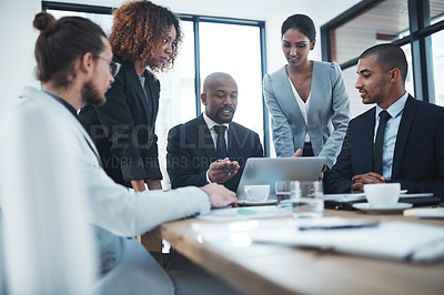 Buy stock photo Discussion, planning and business people with computer in office for ideas, marketing strategy and collaboration. Corporate, teamwork and men and women working on report, group project and proposal
