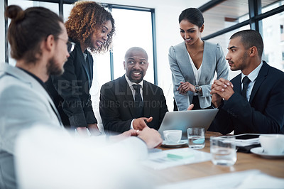 Buy stock photo Planning, meeting and business people on laptop for strategy, brainstorming idea and collaboration. Corporate office, teamwork and men and women working on finance report, group project and proposal