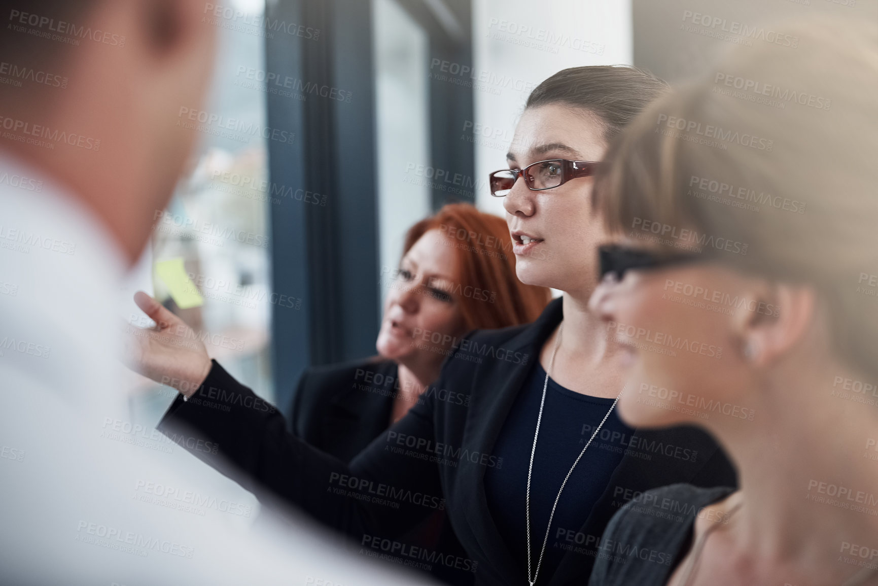 Buy stock photo Business, employees and office on glass wall with planning for report, results or feedback. People, coworking and discussion for ideas on sticky notes with teamwork or collaboration on meeting