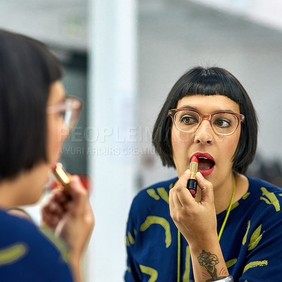 Buy stock photo Woman, mirror and beauty with lipstick in home, reflection and event and getting ready with facial cosmetics or makeup. Glow, fashion and trendy female person, apartment and glamour with product