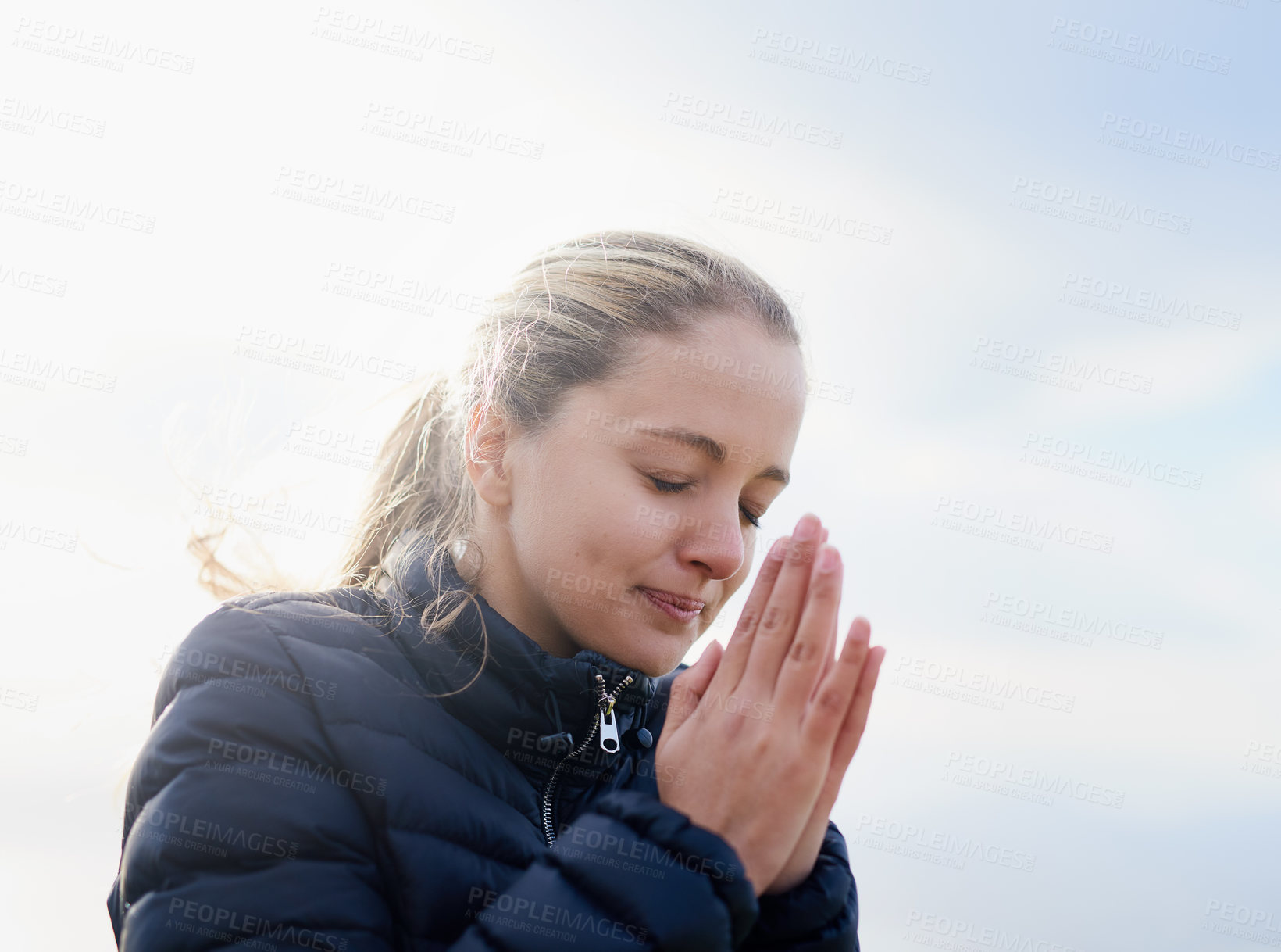 Buy stock photo Outdoor, morning and woman with prayer, hope and belief for journey, adventure and trekking in forest. Nature, worship and faith of girl, hiker and peace for gratitude in winter, sky and trip in USA