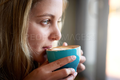 Buy stock photo Woman, drink and thinking with coffee in home to relax with warm beverage in morning for thoughts and peace. Girl, calm and wondering with cup of cappuccino to chill or unwind and soothing in Canada.