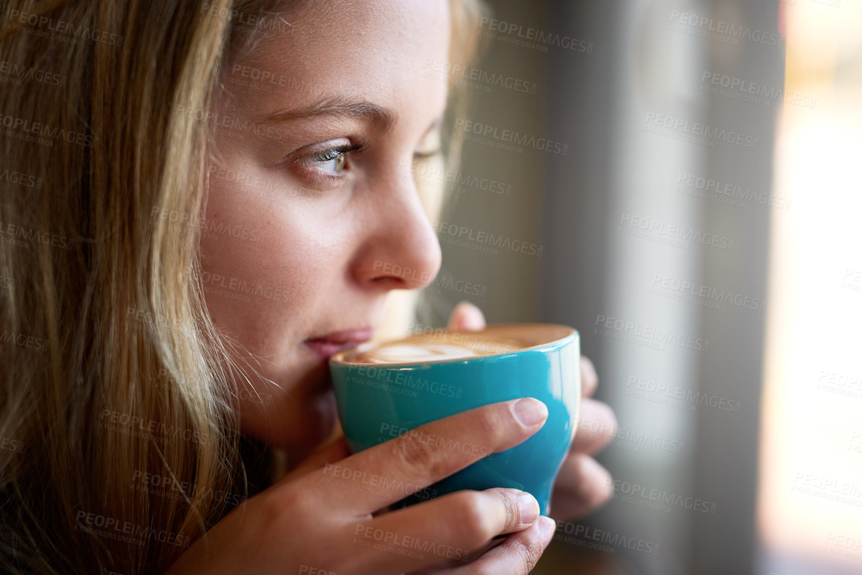 Buy stock photo Woman, drink and thinking with coffee in home to relax with warm beverage in morning for thoughts and peace. Girl, calm and wondering with cup of cappuccino to chill or unwind and soothing in Canada.
