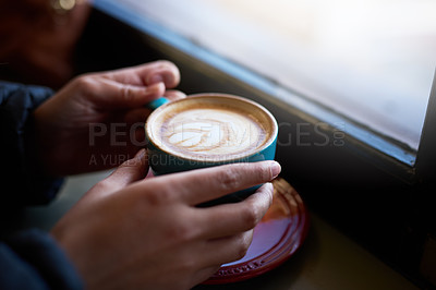 Buy stock photo Hands, coffee and cappuccino in cafe for winter, travel and  customer in restaurant for breakfast. Person, hot beverage and holding cup inside for warm, drink and barista art in New York city