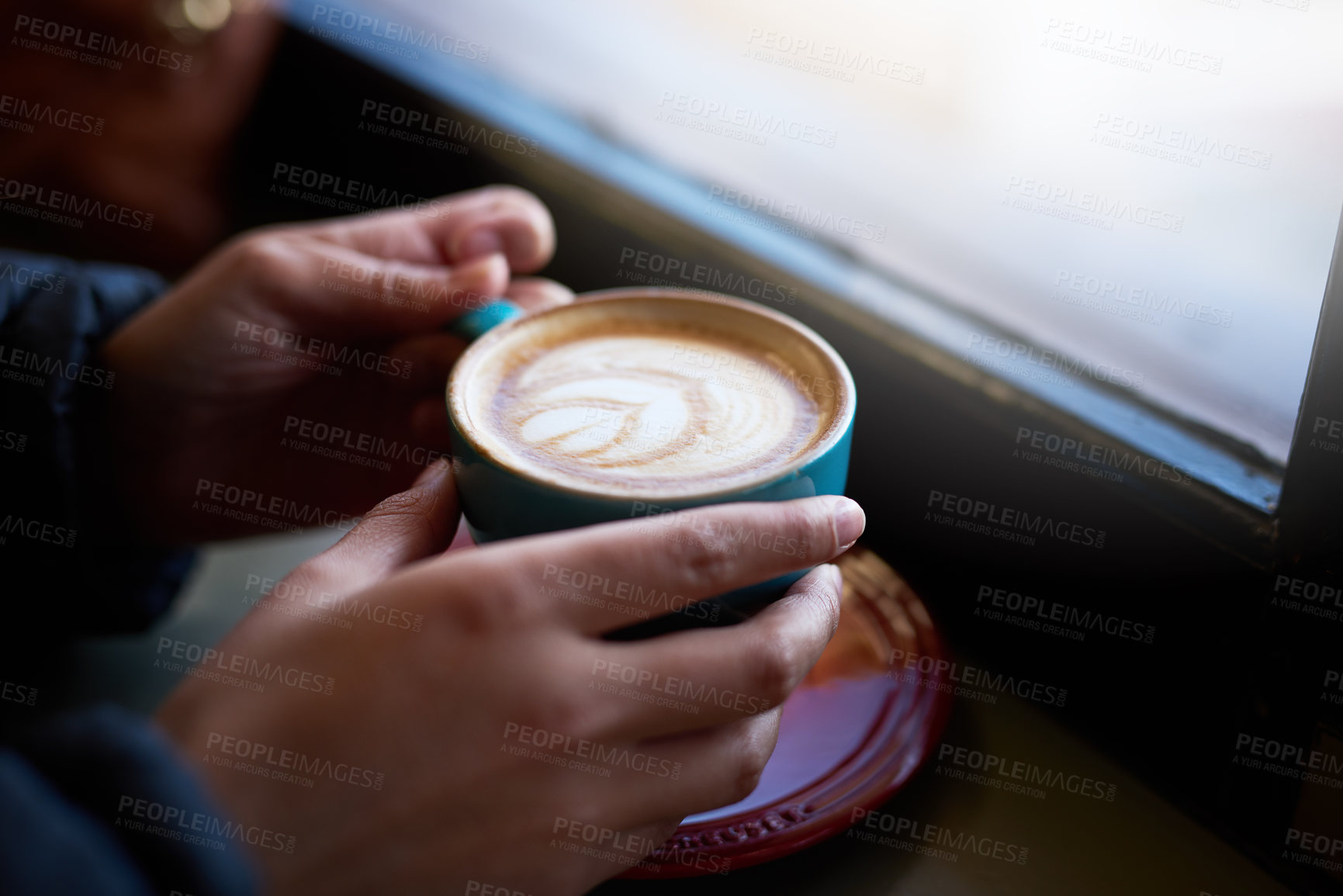 Buy stock photo Hands, coffee and cappuccino in cafe for winter, travel and  customer in restaurant for breakfast. Person, hot beverage and holding cup inside for warm, drink and barista art in New York city
