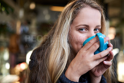 Buy stock photo Portrait, drink or woman with coffee in cafe to relax, chill and enjoy a warm beverage in Netherlands. Cappuccino latte, smile or face of girl on break with tea, caffeine or hot chocolate in diner