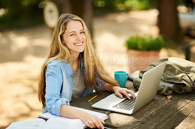 Buy stock photo Female student, laptop and books in portrait, smile and study with coffee, backpack and outdoor for elearning. Girl, tech and notes in education, development and university in college or school