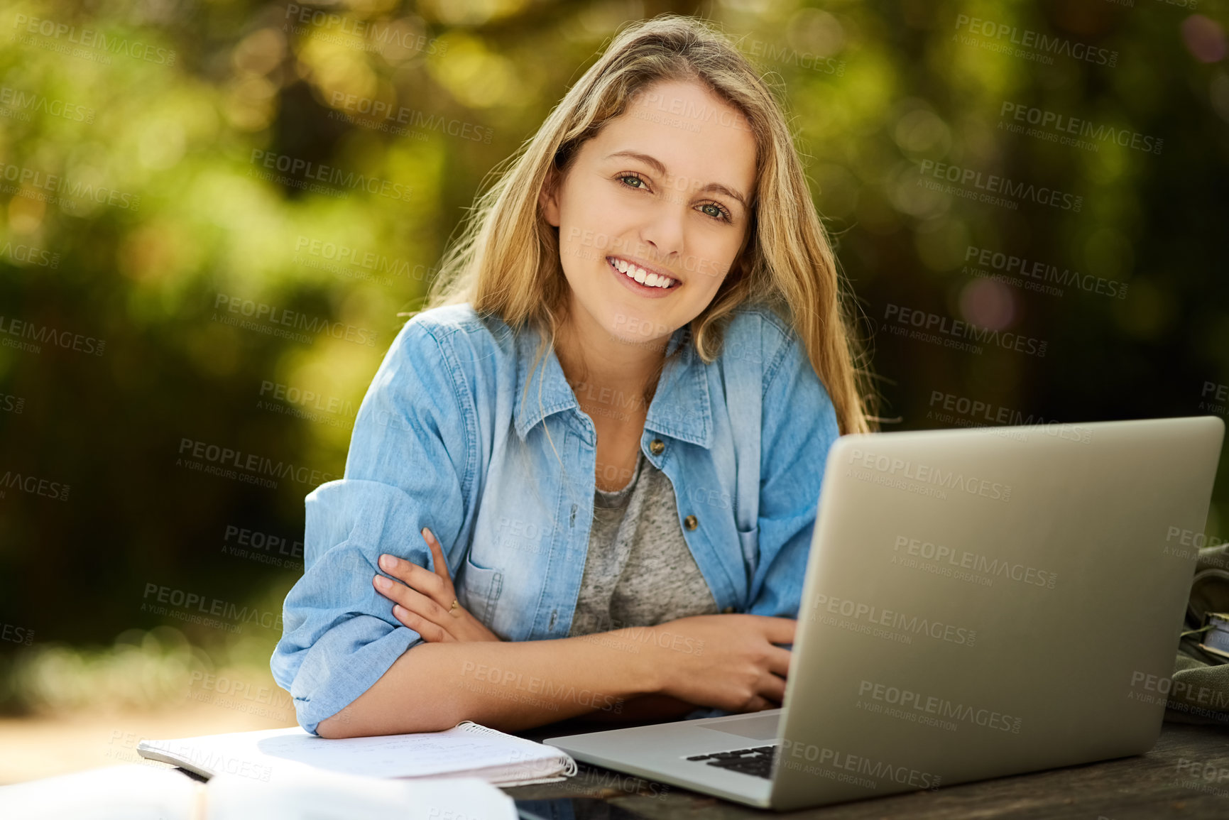 Buy stock photo Student, girl and laptop in portrait with smile and study with books, confident and outdoor for elearning. Woman, tech and notes in education, development and university in college or school