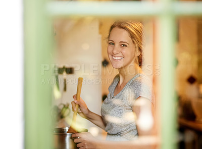 Buy stock photo Cooking, window or portrait of happy woman in kitchen for food, wellness or nutrition for healthy dish. Mixing, supper or proud girl with smile in home for lunch meal prep, vegan diet or dinner pot