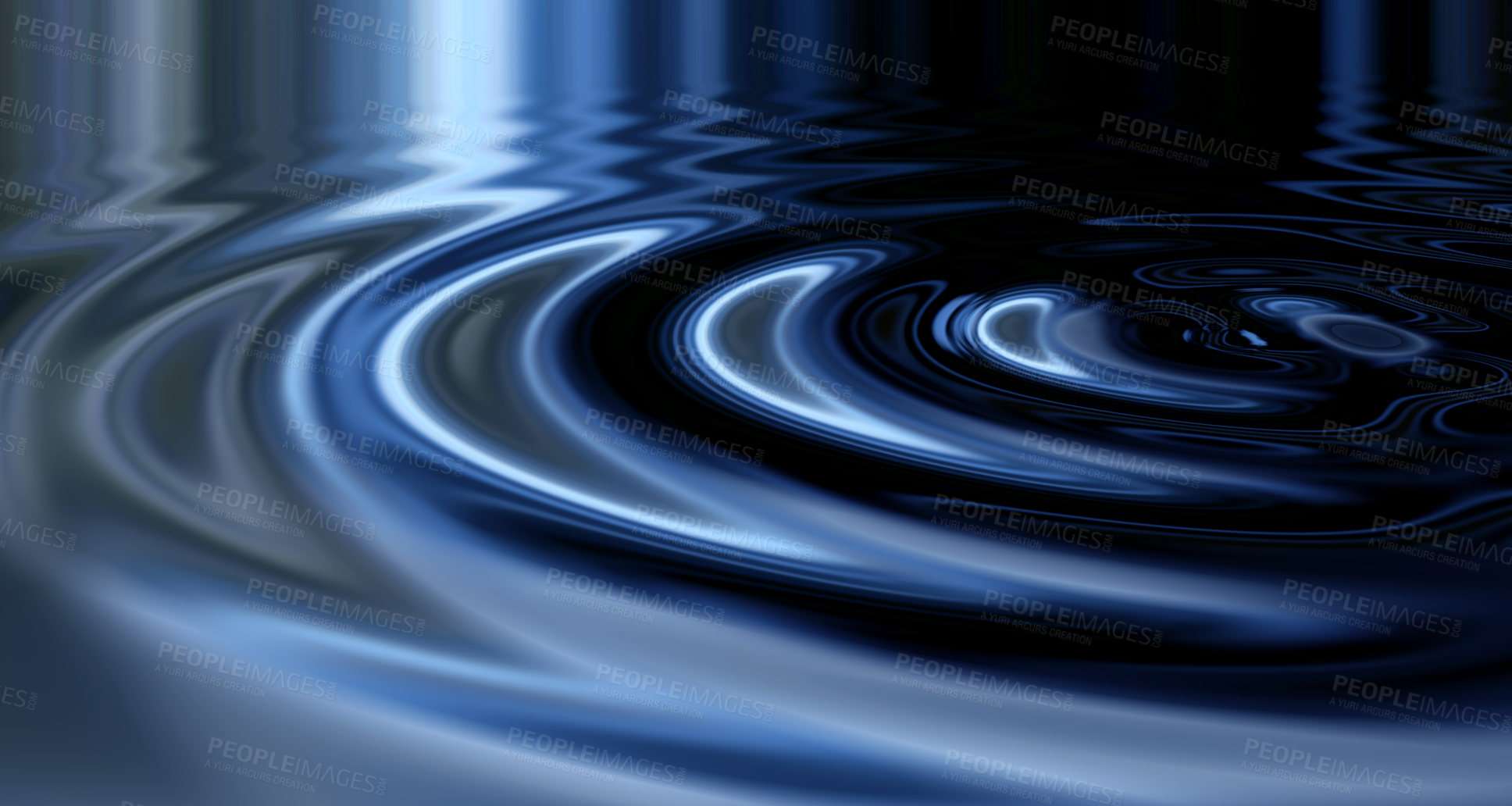 Buy stock photo Animated, 3D and VFX silver shiny waves making ripples in liquid blue color substance. Texture, movement and a futuristic pool with glowing water or fluid for a vaporwave aesthetic background