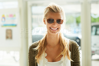 Buy stock photo Woman, sunglasses and portrait outdoor smile in sun stylish fashion for summer vacation, luxury or retail. Female model person, happy face and shades casual holiday shopping, boutique product or gift