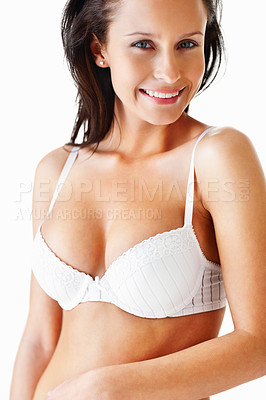 Buy stock photo Lingerie, body portrait and underwear of a woman in a bra for beauty, fashion and sensuality on white background. Sexy female model smile in studio for desire, seduction and self love for art deco