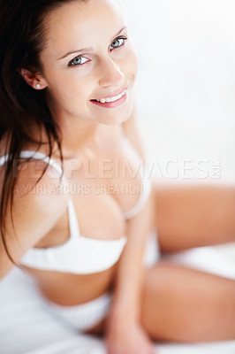 Buy stock photo Lingerie, smile and portrait of a woman in underwear while in her bedroom for beauty, fashion and sensuality. Sexy female model in a house or hotel for desire, seduction and self love for art deco