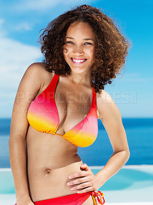 Buy stock photo Travel, bikini and portrait of with black woman at beach for summer break, sunbathing and Brazil destination. Blue sky, ocean and tropical with girl in swimsuit for sexy, beauty and confident on trip
