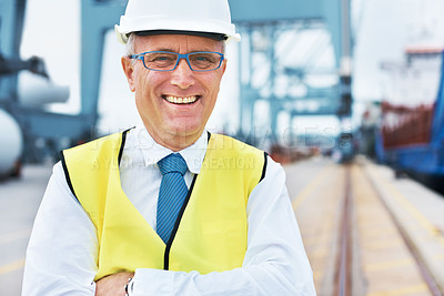 Buy stock photo Happy cargo, logistics and shipping manager smile on a port with a factory, warehouse or plant in the background. Manufacturing, supply chain and freight leader in the industrial delivery business