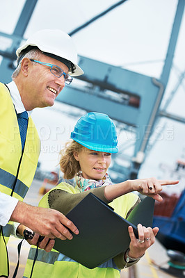 Buy stock photo Logistics, teamwork or shipping people with checklist for cargo planning, collaboration or working in industrial site. Happy supply chain, smile or manager for project management or delivery strategy