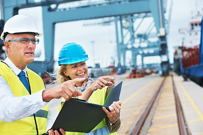 Buy stock photo Logistics, teamwork or shipping people with checklist for cargo planning, collaboration or working in industrial site. Supply chain and happy manager for project management or delivery at shipyard