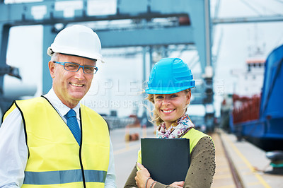 Buy stock photo Portrait shipping, logistics and cargo delivery workers smile at a dock in the supply chain industry. Contain export management or employee collaborate to get the package or stock transport on boat