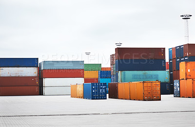 Buy stock photo Logistics, container and cargo in global shipping warehouse or ecommerce industrial supply chain location. Economy, export and freight box to do with international distribution and delivery business