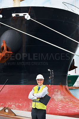Buy stock photo Shipping logistics, delivery and boat engineer with motivation, innovation or vision for ocean or sea cargo port. Mechanic technician portrait with folder idea for import and export supply chain dock