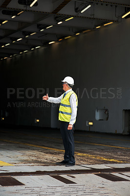 Buy stock photo Logistics worker, manager or safety employee working at manufacturing factory, planning shipping strategy of cargo and inspection of construction warehouse. Person doing management of industrial work