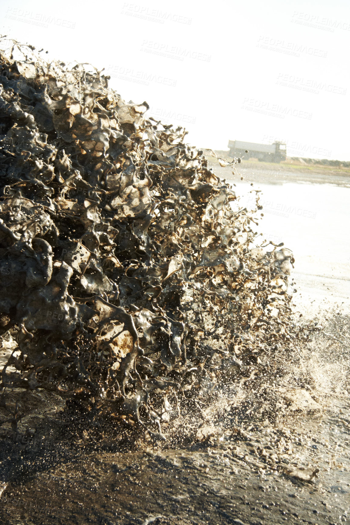 Buy stock photo Pollution, pipeline and dirt in water to ocean from industrial waste for construction, sewer and danger. Environment, texture and industry with wave from sewage on shoreline for stream, foam and mud