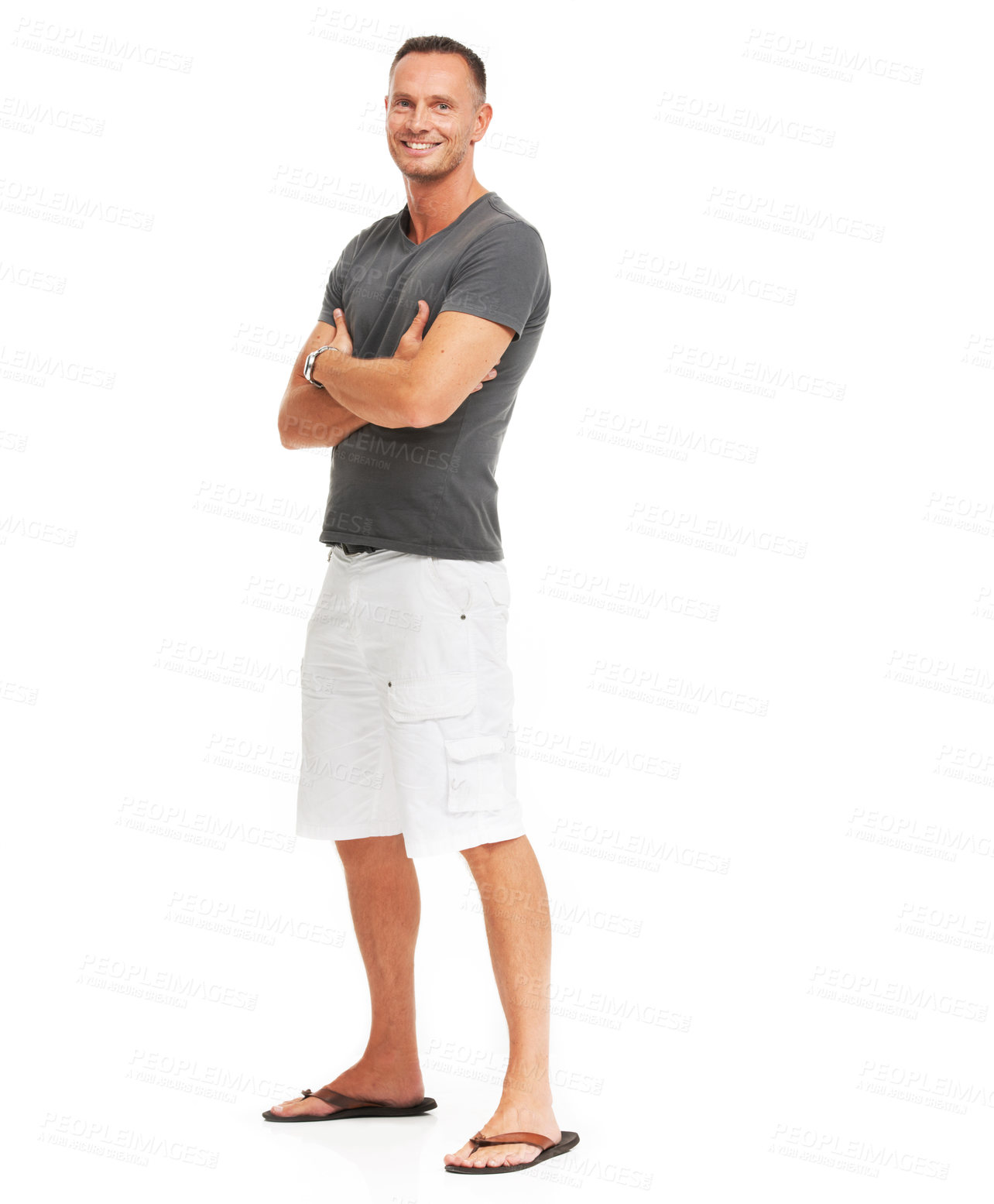 Buy stock photo Portrait, mockup and fashion with a man in studio isolated on a white background standing arms crossed. Marketing, advertising and mock up with a mature male posing on black product placement space